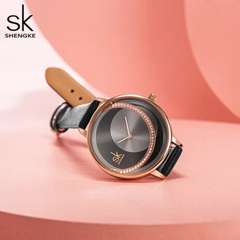 Shengke Crystal Lady Klockor Läder Kvinnor Klä Titta På Ursprungliga Varumärket Mekaniska Armbandsur Kreativa Reloj Mujer