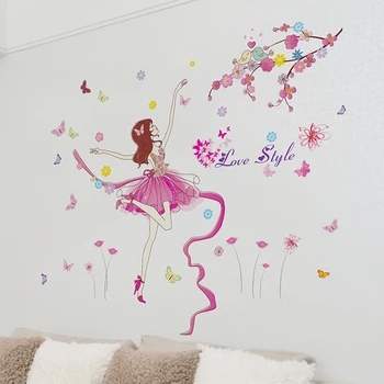 [shijuekongjian] Tecknad Flicka Dansare väggdekorationer DIY Maskros Blommor väggdekaler för Barn Sovrum Baby Rums-Hus Dekoration