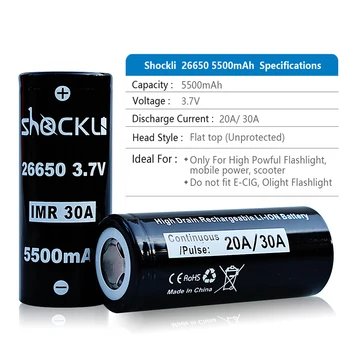 Shockli 26650 5500mAh litium batteri 3,7 V 5500mAh 26650 li-ion laddningsbart batteri 30A för hög effekt ficklampor Emisar D4s