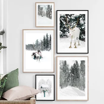 Skandinaviska Älgar Winter Forest House Vägg Konst Duk Målning Nordiska Affischer Och Utskrifter Vägg Bilder För Vardagsrum Inredning