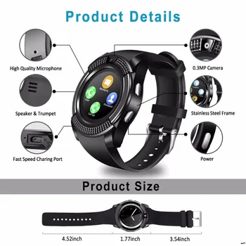 Smart Watch V8 Män Bluetooth-Sport Klockor Kvinnor Damer Rel gio Smartwatch med Kamera Sim-Kort Slot Android-Telefon PK DZ09 A1 Y1