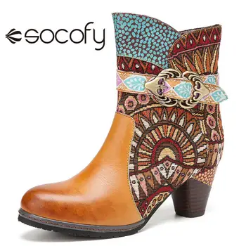 SOCOFY Kvinnor Retro Stil Stövlar Tribal Mönster Tyg Skarvning Läder Boots Casual Utomhus Fest Skor Botas Mujer 2020