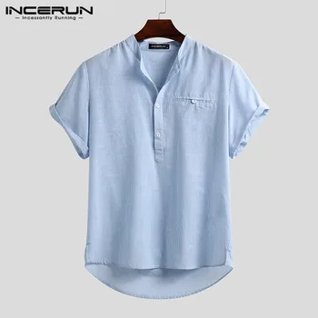 Solid Färg Knappar Camisas Fritid Andas Blusas Mens Stripe Shirts Casual Kort Ärm Stå Krage Blus S-5XL INCERUN7