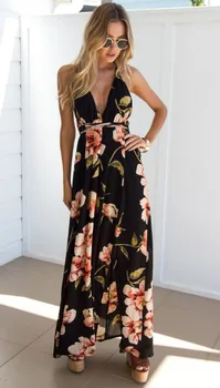 Sommar klänning 2019 Blommig Vestidos Mujeres Sexiga Maxi Dress Långa Veckade Klänningar Backless robe femme robe longue evenning-klänning