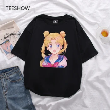 Sommaren Anime Kvinnor T-shirt Ulzzang Streetwear Kawaii Tecknade Ut Tshirt koreansk Stil Toppar Harajuku kortärmad Svart T-Shirt