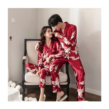 Sommaren Älskande Par Siden Pyjamas Pyjama som För Kvinnor Män Kinesiska kran Ut Lång-ärm Sleepwear Rayon Hem Kläder