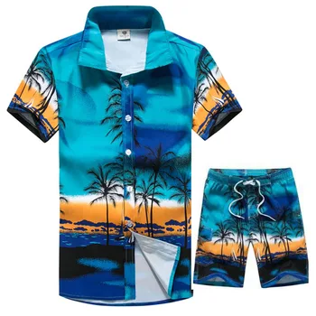 Sommaren Är Kort Ärm Skjorta Passar Män Mode Blommor Ut Hawaiian Skjortor + Beach Shorts Avslappnade Stranden Kläder Uppsättningar Vetement Homme
