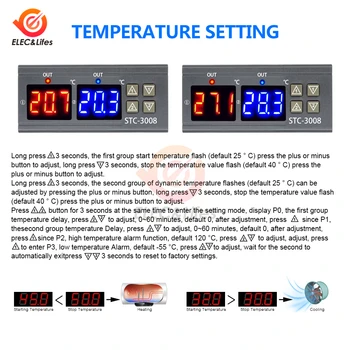 STC-3008 Dual Digital temperaturregulator Två reläutgång 12V 24V till 220V Termoregulator Termostat Med Värmare Svalare STC3008