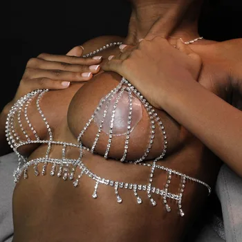 StoneFans Trendiga Blanka Tofs Strass Bröstet Kedja för Kvinnor Ganska Crystal Bh Halsband Kedja Uttalande Sexiga Kropp Smycken