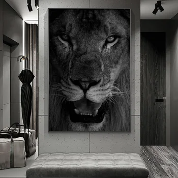 Stora Bilden för Vägg På sovrumsväggen Djur Duk Affischer och Utskrifter för Vardagsrum Inredning Lion Svart och Vit Målning