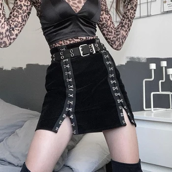 SUCHCUTE Gothic Black Split Modis Mini-Kjol För Kvinnor Mörk Akademi Estetiska Kort Kjol Kvinnliga Party Outfits Sammet Saia