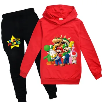 Super Mario 2020 Nya Våren Hösten Pojkar Träningsoverall långärmad T-shirt Track Pants Barn Kläder Spädbarn Set Sport som Passar