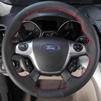 Svart Läder handsydda Bilens ratt Täcka för Ford Focus 3 2012-KUGA Fly 2013-2016 Interiör Tillbehör