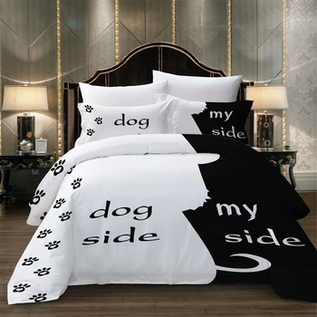 Svart-Vit-engelska bokstäver Hem Textil Påslakan Set Sängkläder Set Hund Katt Mänskliga Enda Dubbelsäng King Size