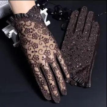 Svarta sexiga spets handskar av hög kvalitet damer äkta läder fårskinn handskar solen skydd handskar vantar