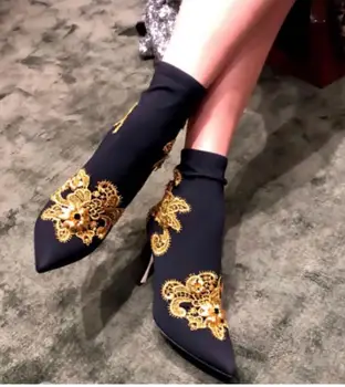 Svonces Botas Mujer Invierno 2020 Mode Broderade Stiletto Boot Bladet Hög Klack Stövlar Svart Strumpa Boots Kvinna