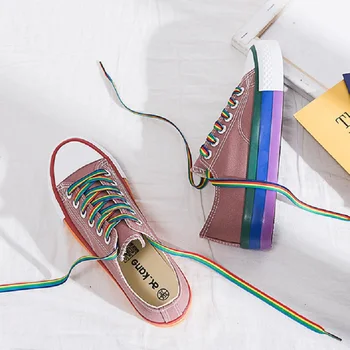 SWYIVY Rainbow Vita Skor Kvinna Canvas Sneakers Med Färg Lace 2020 Vår Nya Kvinnor Casual Skor Plattform Skor Vit