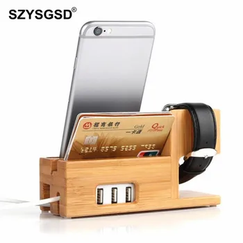 SZYSGSD Bambu bordsställ Titta på För Innehavaren Laddare till Samsung För iPhone XR XS X 8 7 Laddning Docka för Apple Titta Stå