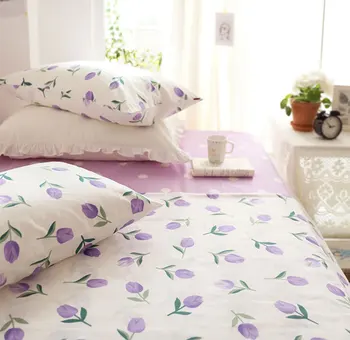 SÖT lila tulpaner blomma sängkläder set,bomull twin full queen size romantisk lantlig hem textil lakan örngott påslakan