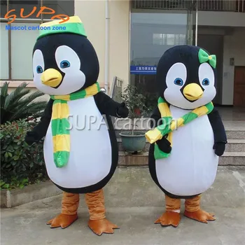 Söt plysch pingvin maskot-dräkt seriefigur kostym med grön gul scarf och hatt Eva-material för semester cosplay