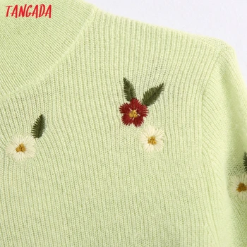 Tangada korea eleganta kvinnor broderier polotröja sweater vintage damer kort stil söt stickad tröja toppar BE109