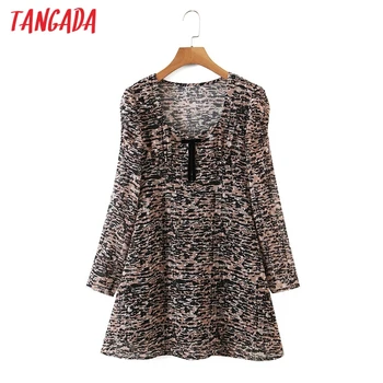 Tangada mode för kvinnor leopardmönstrad klänning 2020 nya ankomst lång ärm damer båge dekorera mini dress vestidos SL119