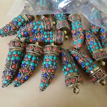 TBP692 Fang Amulett Hängen Tibetanska Etniska Smycken Koppar Inlaga Färgglada Pärlor