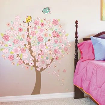 Tecknad Vacker Rosa Blomma, Träd väggdekorationer till barnrum Vackra Fåglar heminredning Art PVC Vinyl Hus Dekoration Flyttbara