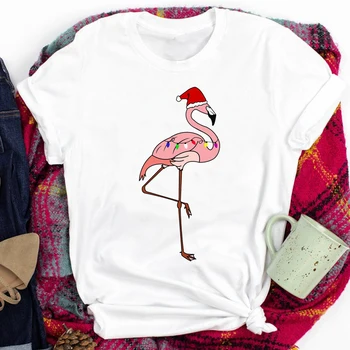 Tees för Kvinnor Lady Flamingo Semester Tecknat Vintern Nytt År God Jul Ut Tshirt Kläder Topp Grafiska Kvinnliga T-T-shirt