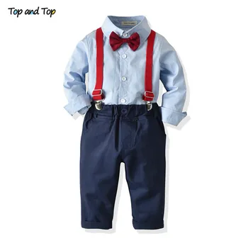 Top och Top Fashion Kids Baby Boys Gentleman Kläder Knappen Ner Fluga Shirt Topp+Hängslen Byxor 2st Barn Avslappnade Kostym