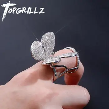 TOPGRILLZ Justerbar Butterfly Ring Rörliga Vingar Ring Kvinnor Iced Out Cubic Zirconia Ring Mode Charm Smycken För Kvinnor Eller