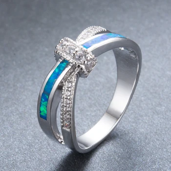 Trendig Kvinnlig Blå Opal Ringar Sten Charm Silver Färg Tunna Ringar För Kvinnor Söt Brud Crystal Bowknot Förlovningsring