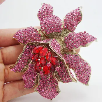 Trendiga Smycken Eleganta Orkidé Blomma Brosch Stift Hängande Hot Pink Strass Kristall