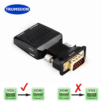 Trumsoon VGA till HDMI med Ljud-Power Line VGA2HDMI 720/1080P Kablar Adapter för HDTV PC Monitor Projektor Bärbara datorer PS4 DVD