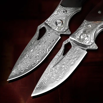 TURENZ-fällkniv 2.8 i Damascus Stål med trähandtag EDC Jakt Verktyg Kompakt Lätt Taktiska Pocket Knivar med Slida