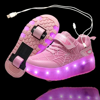 Två Gröna LED-usb-laddning roller skor glödande ljus upp självlysande sneakers med hjul barnen rullar skate skor för pojke flickor