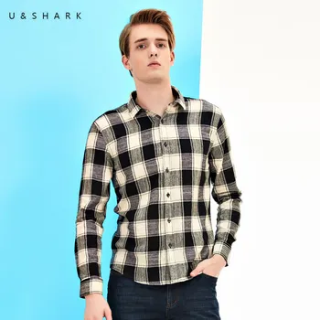 U&SHARK Bomull Flanell Skjorta Män Kläder koreanska Lång Ärm Avslappnad Rutig Skjorta för Män Rutig Skjorta Krage Mode