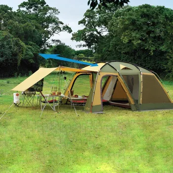 Ultralarge Hög Kvalitet En Hall, Ett Sovrum 5-8 Person Dubbla Lager 210 cm Höjd Vattentät Camping Tält med att Förlänga Markis