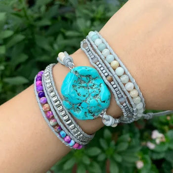 Unika Blandade Naturliga Stenar Oregelbundna Turkos Charm 5 Delar Wrap Armband Handgjorda Boho Armband Kvinnor Läder Armband