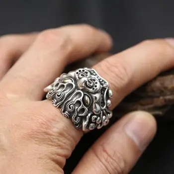 Ursprungliga design Thai silver Kinesiska retro Pixiu ingående ring Mytiska djur överdrivet dominant män charm smycken