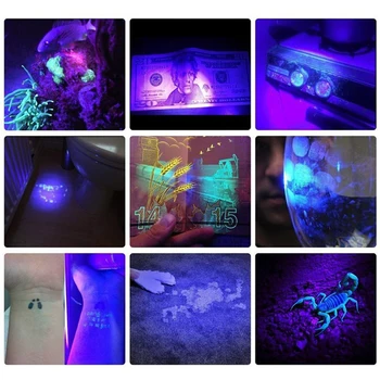 UV-Ficklampa Ultra Violett Ljus Med Zoom-Funktion Mini UV Black Light Pet Urin Fläckar Detektor Scorpion Använda 18650 batteri