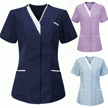 V-ringad T-shirt för Kvinnor Sjuksköterskor Tunika Uniform Kliniken Vårdare V-neck Skyddskläder Toppar Solid Färg Mujer Camisetas