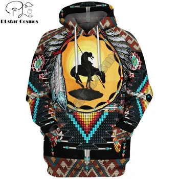 Vacker Native Indiska Häst 3D-Utskrivna Mens Hoodie Streetwear Hösten huvtröja Unisex Casual Jacka Träningsoverall DW0177