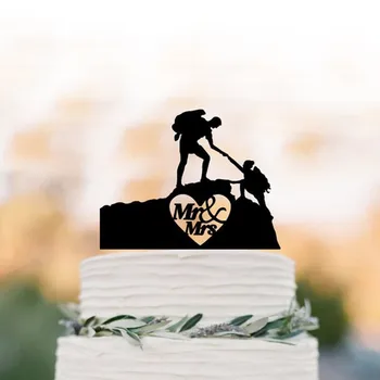Vandring Par Klättra Berget Wedding Cake Topper Backpacking Bruden och Brudgummen Offentlig Cake Topper Mr& Mrs Wedding Cake Topper