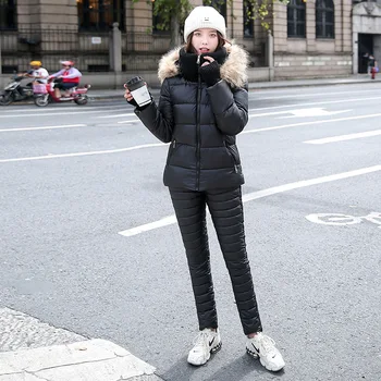Varmt Träningsoverall Kvinnor tvådelade Kläder för Vintern Hoodies Ner Bomull Jacka och Byxor i Slim Svett Passar Kvinnor Ställer skidkläder