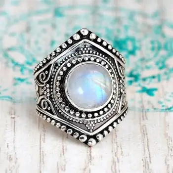 Vintage Dam Silver Färg Boho Moonstone Ringar för Kvinnor Uttalande Månadssten Ring Mode Smycken