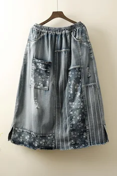 Vintage denim kjol med elastisk midja stripe-design patch kjol casual kvinnliga sommar kjolar