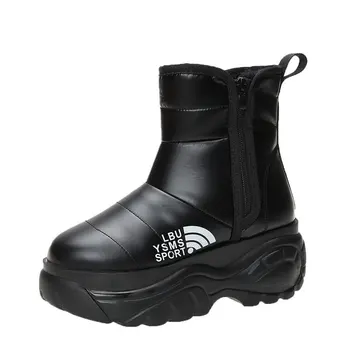 Vinter Kvinnor Chunky Boots 2020 Damer Plattform 7cm Plysch Höga Klackar Kilar Casual Läder Skor-Kvinna Varma Päls Snö Stövlar