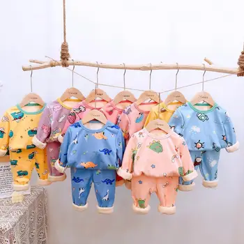 Vintern Jchao Barn Sleepwear Kläder Uppsättningar Pojkar Flickor Bekväma Pyjamas Helt Baby Varma Tjocka Tröjor + Byxor Pyjamas Passar