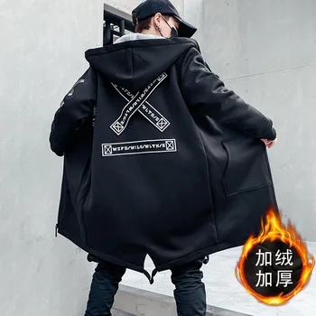 Vintern Smal Lång Trench Coat Män Brev Ut Militär Stil Hooded Svart Överrock Hip Hop Streetwear Hösten Koreanska Mens Jacket